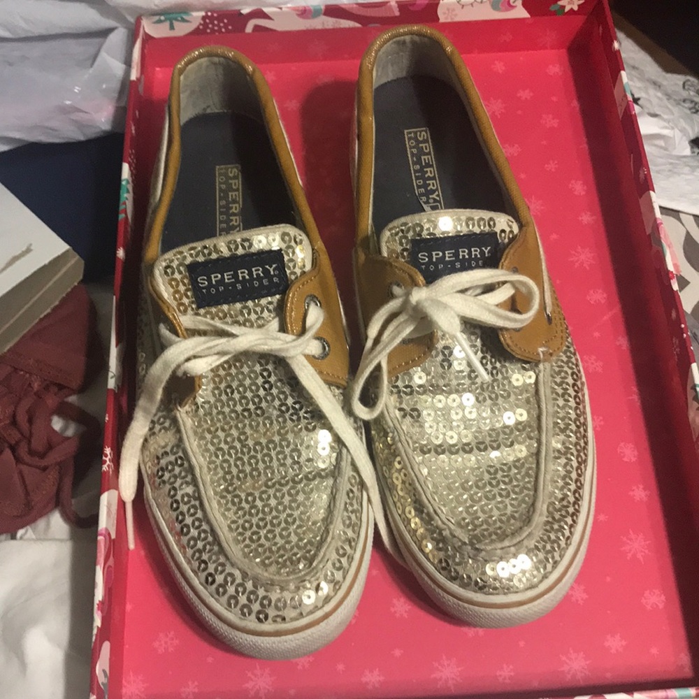 Women sparkly gold and brown sperrys